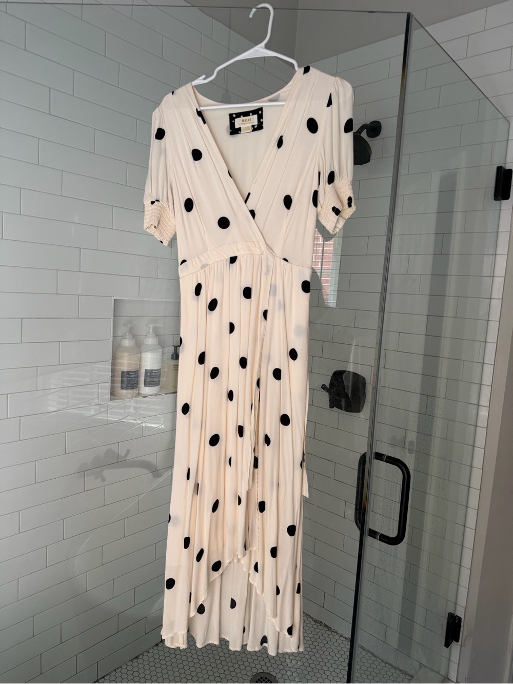 Anthropologie Cream Maxi Dress with Black Polka Dots